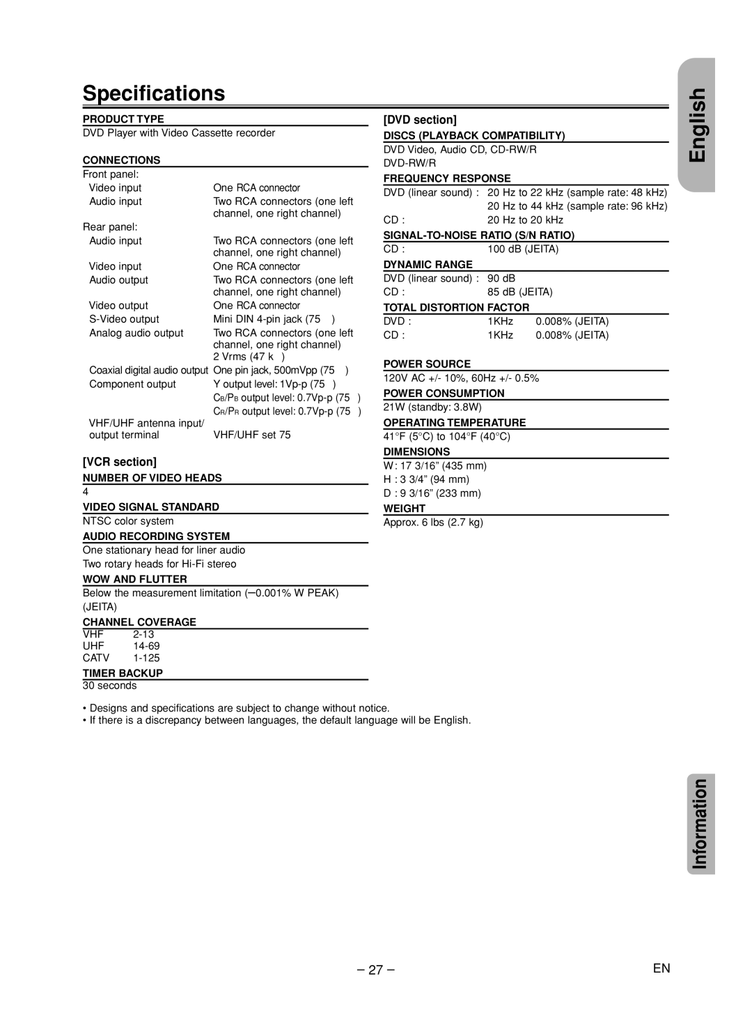 Hitachi DV-PF35U instruction manual Specifications, DVD section, VCR section 