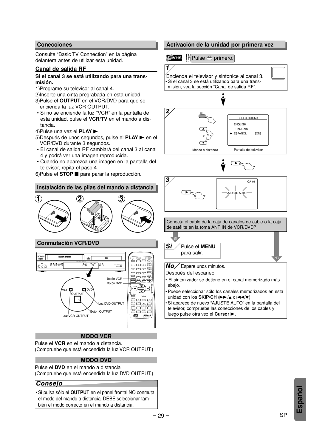 Hitachi DV-PF35U instruction manual Conecciones, Canal de salida RF, Instalación de las pilas del mando a distancia 