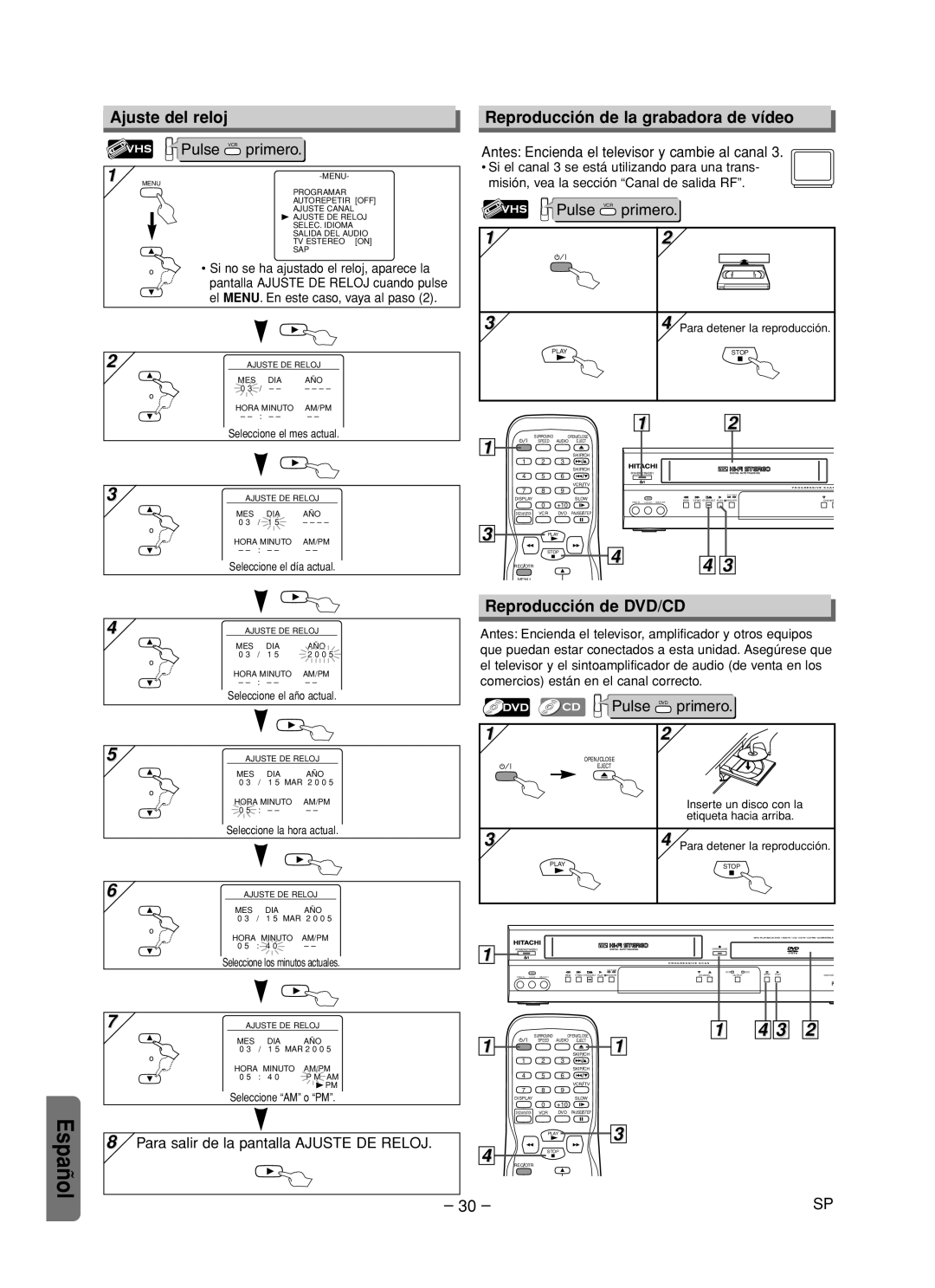 Hitachi DV-PF35U instruction manual Ajuste del reloj, Reproducción de la grabadora de vídeo, Reproducción de DVD/CD 