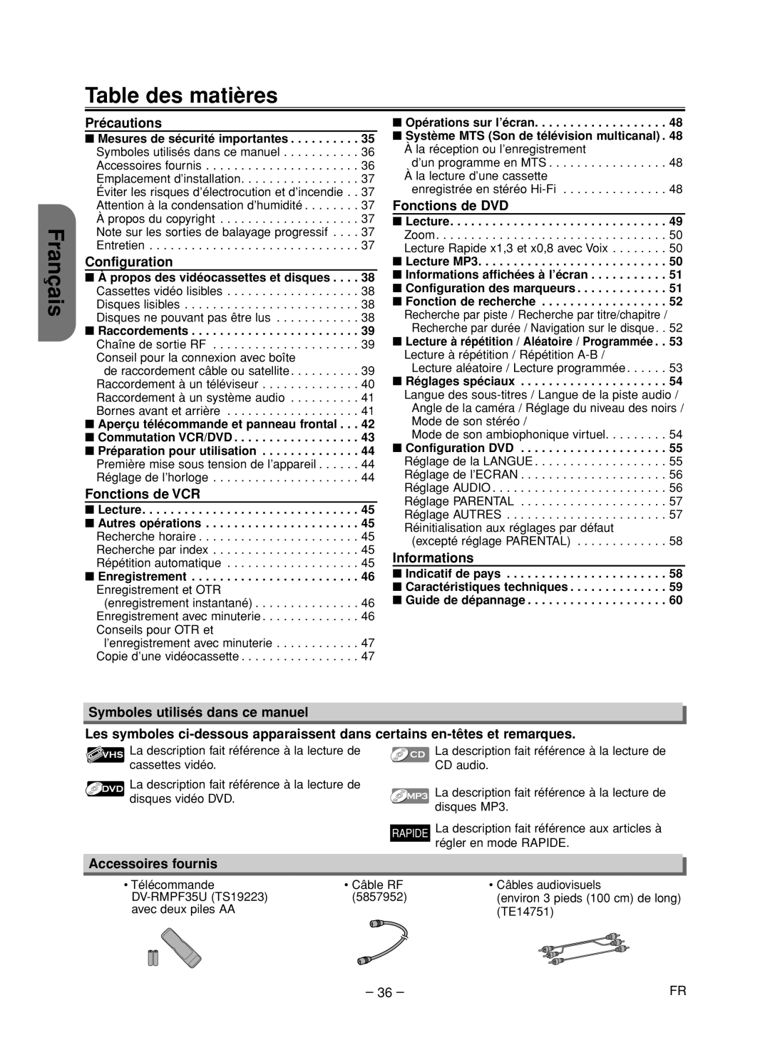 Hitachi DV-PF35U instruction manual Table des matières Français 