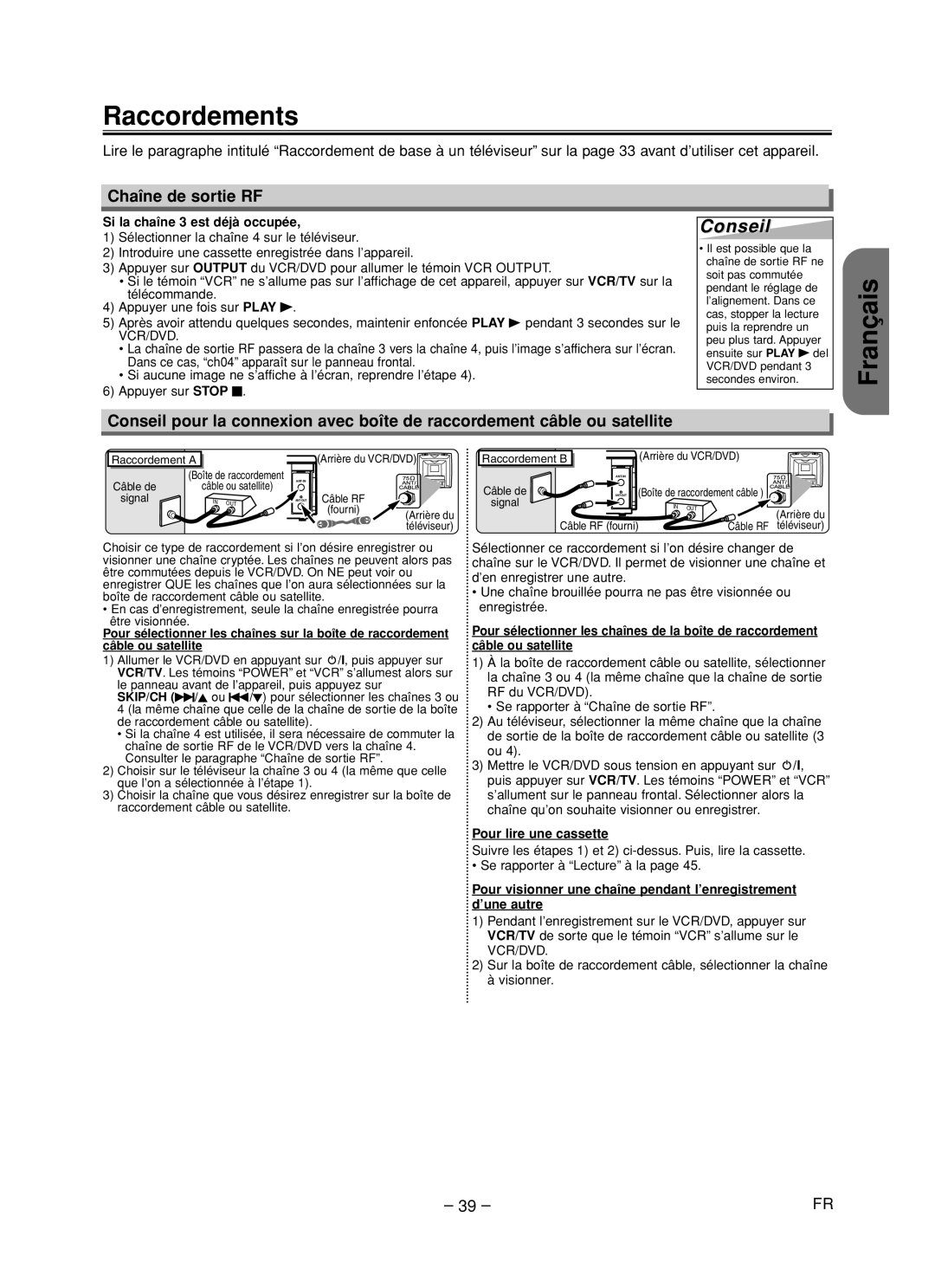 Hitachi DV-PF35U Raccordements, Chaîne de sortie RF, Si la chaîne 3 est déjà occupée, Pour lire une cassette 