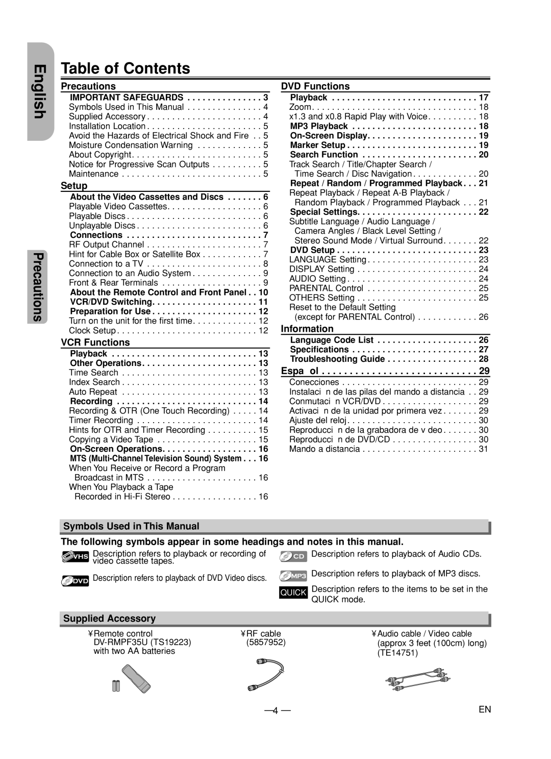 Hitachi DV-PF35U instruction manual Table of Contents English 