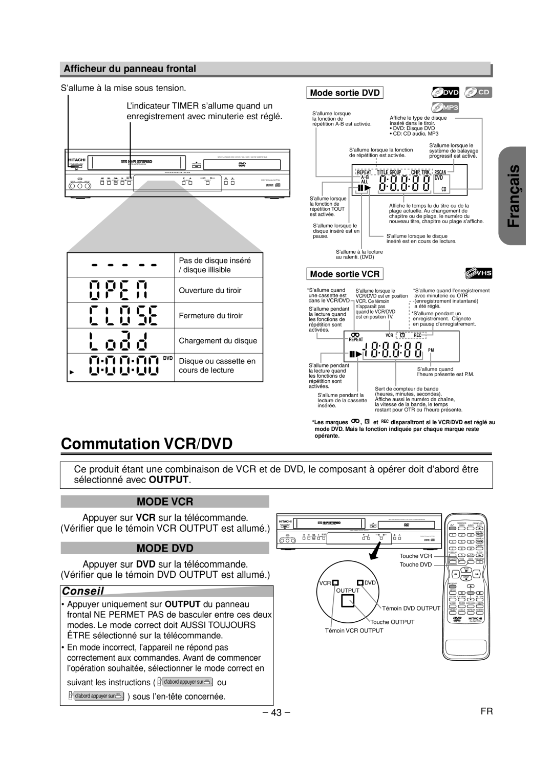 Hitachi DV-PF35U instruction manual Commutation VCR/DVD, Afficheur du panneau frontal, Mode sortie DVD, Mode sortie VCR 