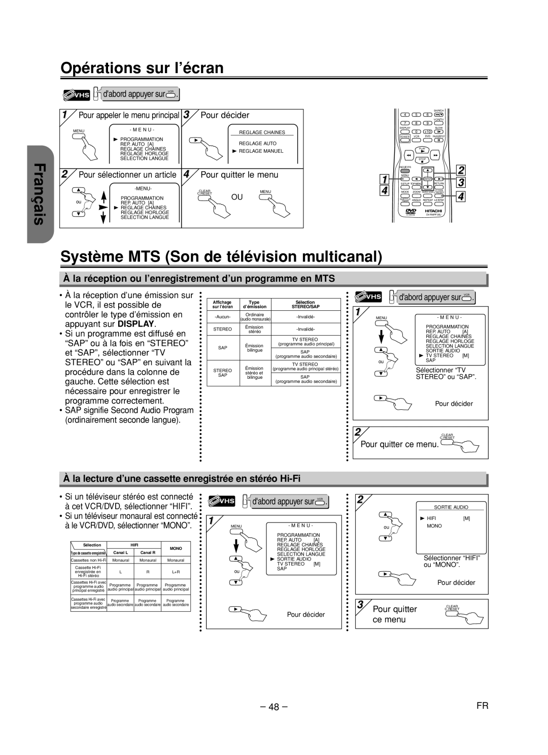 Hitachi DV-PF35U instruction manual Opérations sur l’écran Français, Système MTS Son de télévision multicanal 