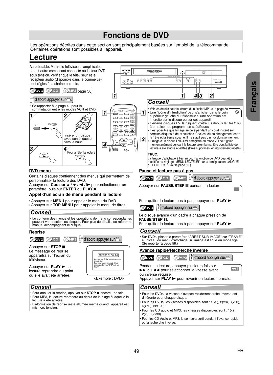 Hitachi DV-PF35U Fonctions de DVD, Appel d’un écran de menu pendant la lecture, Reprise Pause et lecture pas à pas 