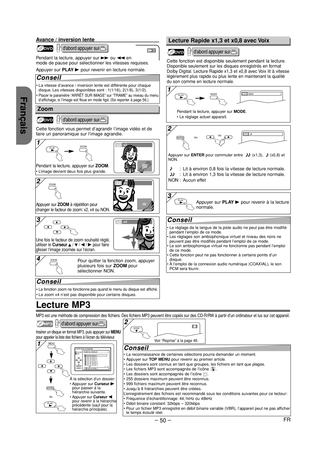 Hitachi DV-PF35U Franç, Ais, Lecture MP3, Lecture Rapide x1,3 et x0,8 avec Voix, Avance / inversion lente 