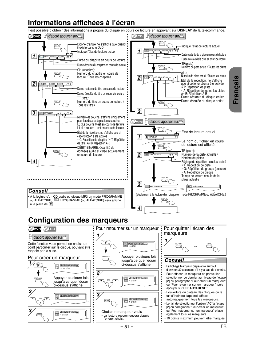 Hitachi DV-PF35U instruction manual Informations affichées à l’écran, Français Configuration des marqueurs 