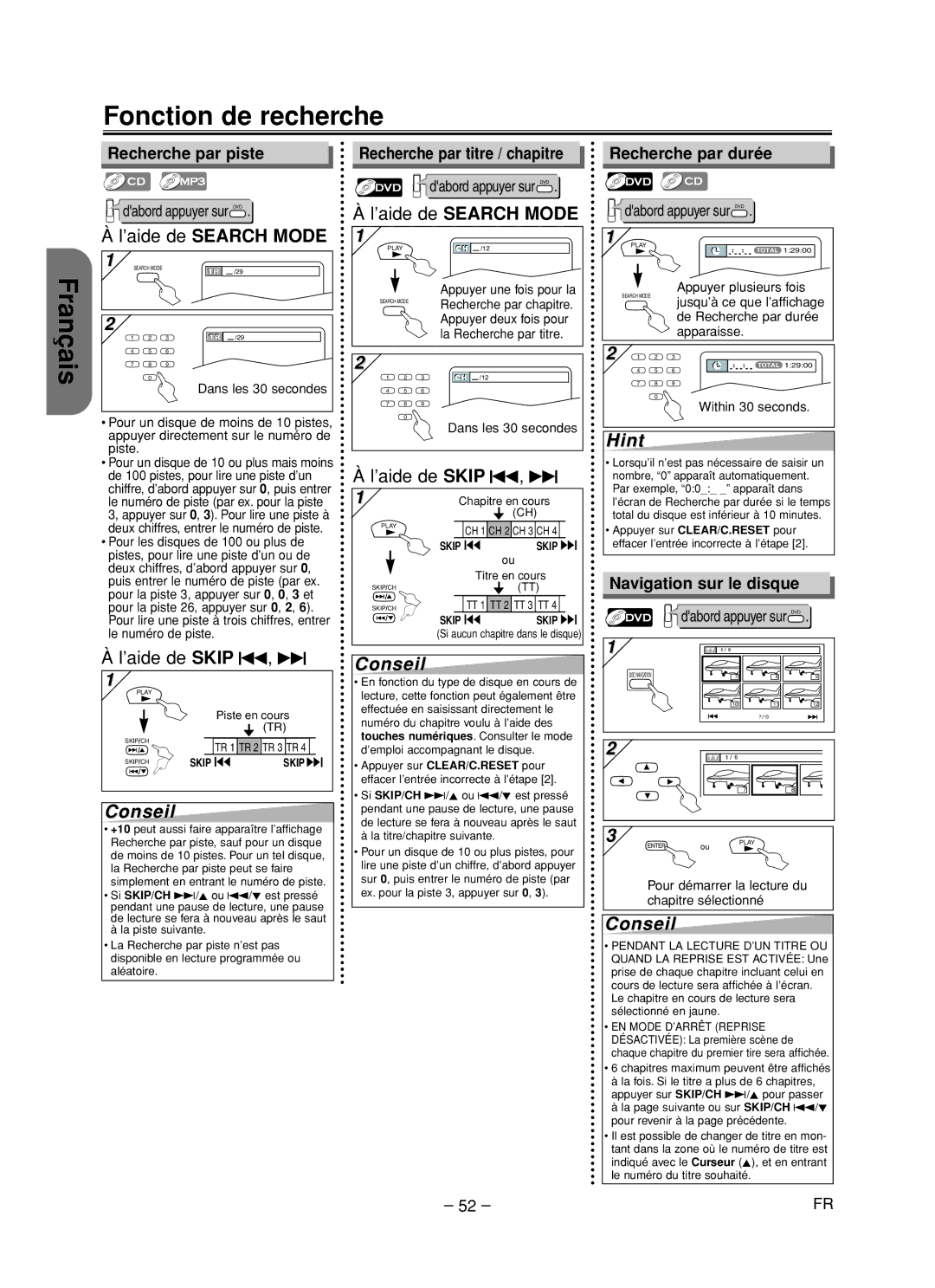 Hitachi DV-PF35U Fonction de recherche, Recherche par piste, Recherche par titre / chapitre, Recherche par durée 