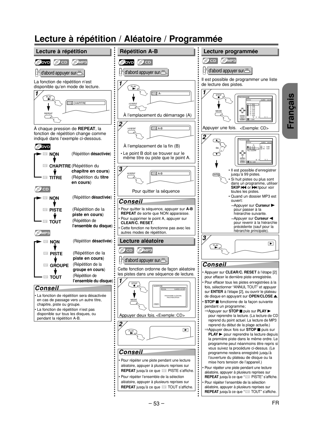 Hitachi DV-PF35U Lecture à répétition / Aléatoire / Programmée, Lecture à répétition Répétition A-B Lecture programmée 