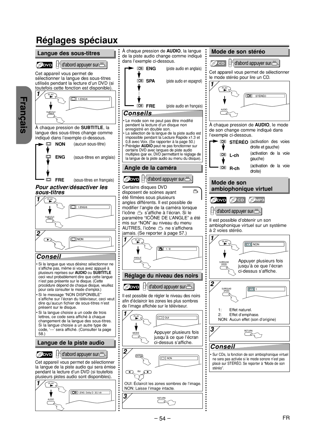 Hitachi DV-PF35U instruction manual Réglages spéciaux 