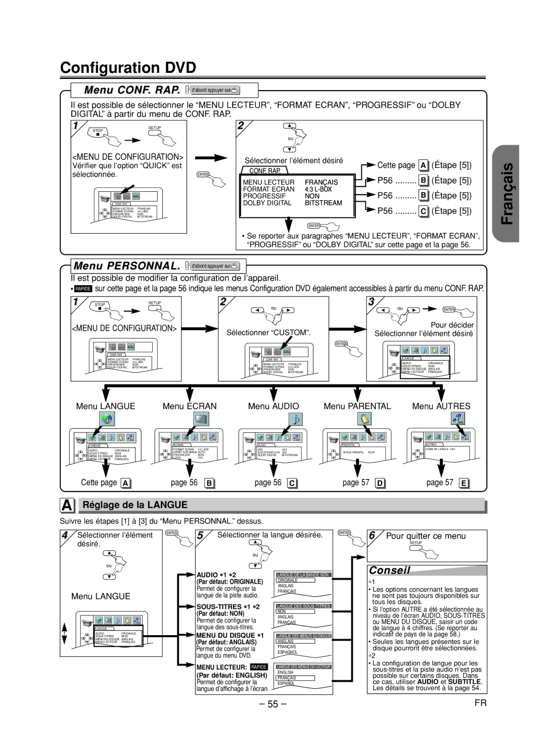 Hitachi DV-PF35U instruction manual Configuration DVD, Réglage de la Langue, Cette page a 56 B 56 C 57 D 57 E, Menu Langue 