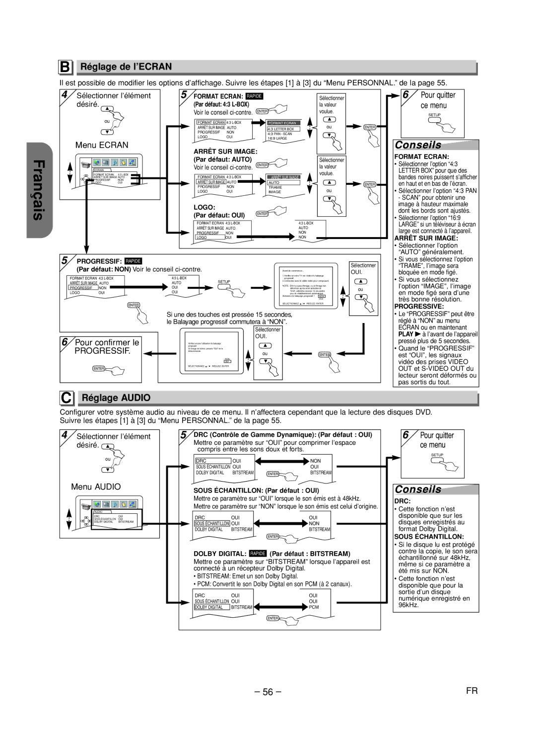 Hitachi DV-PF35U instruction manual ÇFranais, Réglage de l’ECRAN, Réglage Audio, Pour confirmer le 