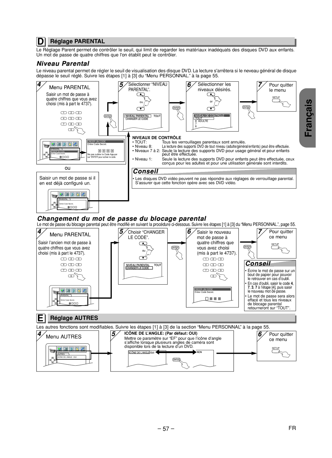 Hitachi DV-PF35U instruction manual Réglage Parental, Réglage Autres 