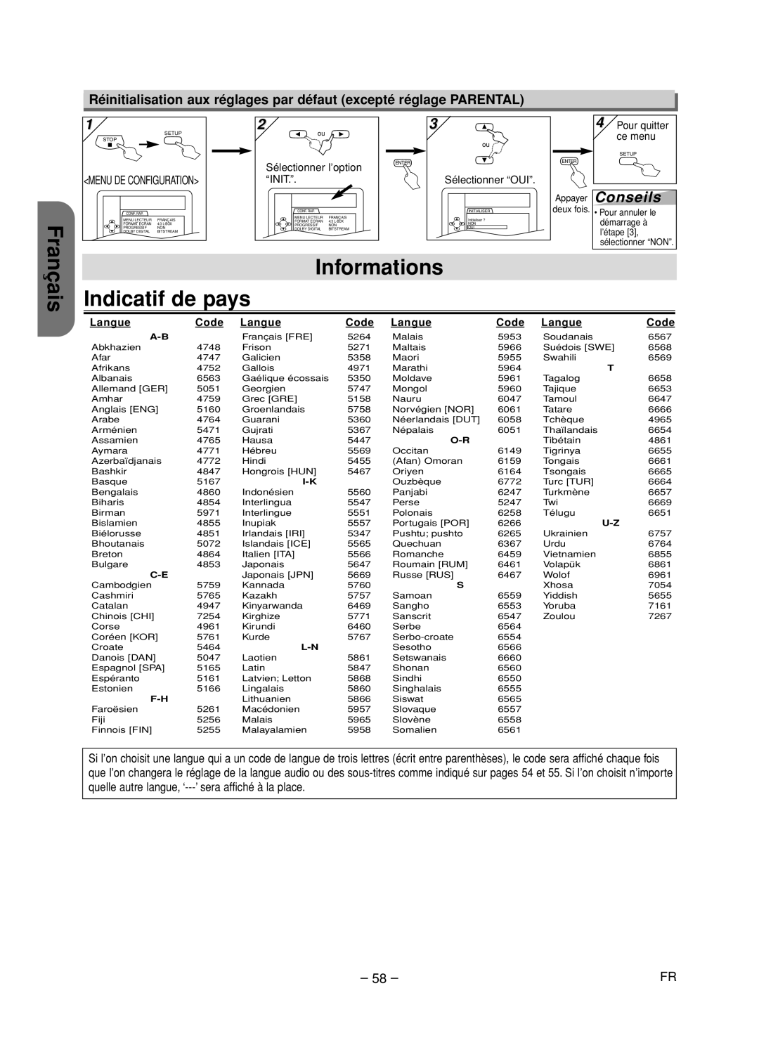 Hitachi DV-PF35U instruction manual Çais Informations Indicatif de pays, Langue Code 