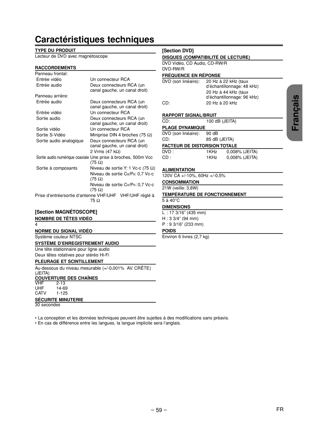 Hitachi DV-PF35U instruction manual Caractéristiques techniques, Fran, Section DVD, Section Magnétoscope 