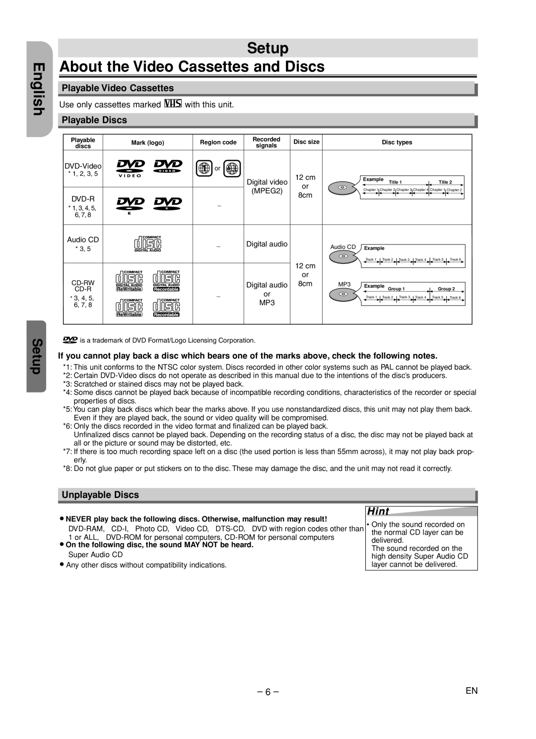 Hitachi DV-PF35U Setup About the Video Cassettes and Discs, Playable Video Cassettes, Playable Discs, Unplayable Discs 