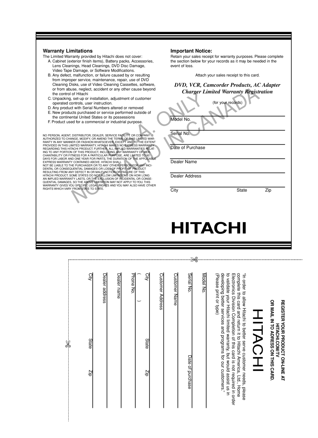 Hitachi DV-PF35U instruction manual Warranty Limitations Important Notice 