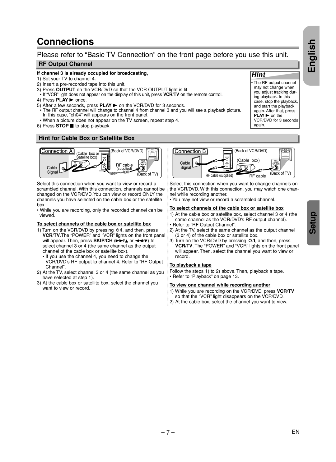 Hitachi DV-PF35U Connections, RF Output Channel, Hint for Cable Box or Satellite Box, Connection a, Connection B 