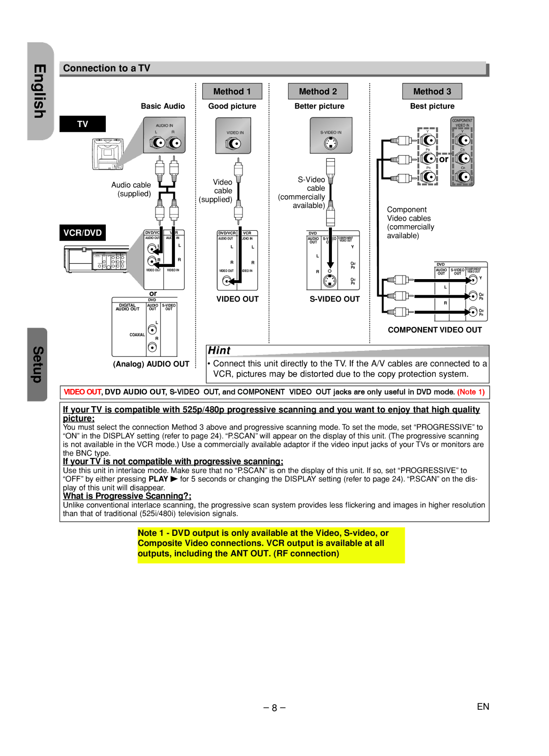 Hitachi DV-PF35U instruction manual Connection to a TV, Method, If your TV is not compatible with progressive scanning 