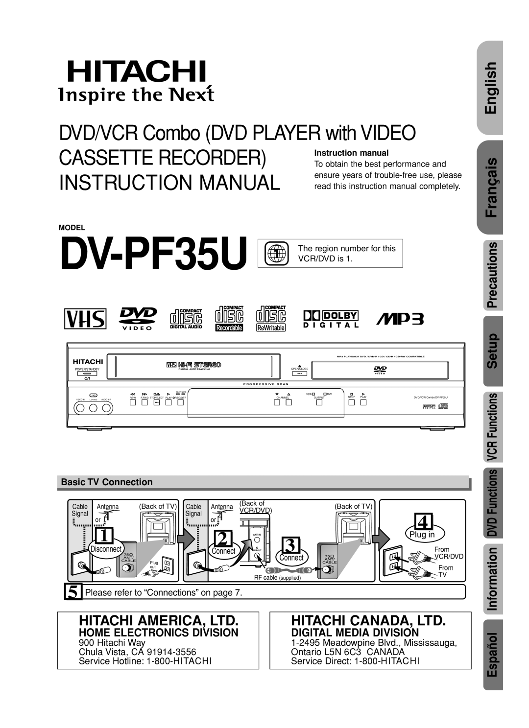 Hitachi DV-PF35USTOP instruction manual English, Basic TV Connection, Disconnect Connect, Plug 