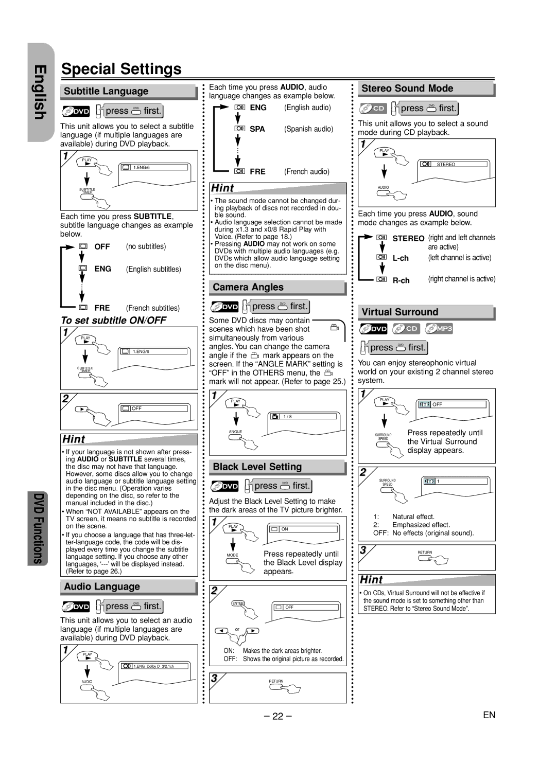 Hitachi DV-PF35USTOP instruction manual Special Settings 