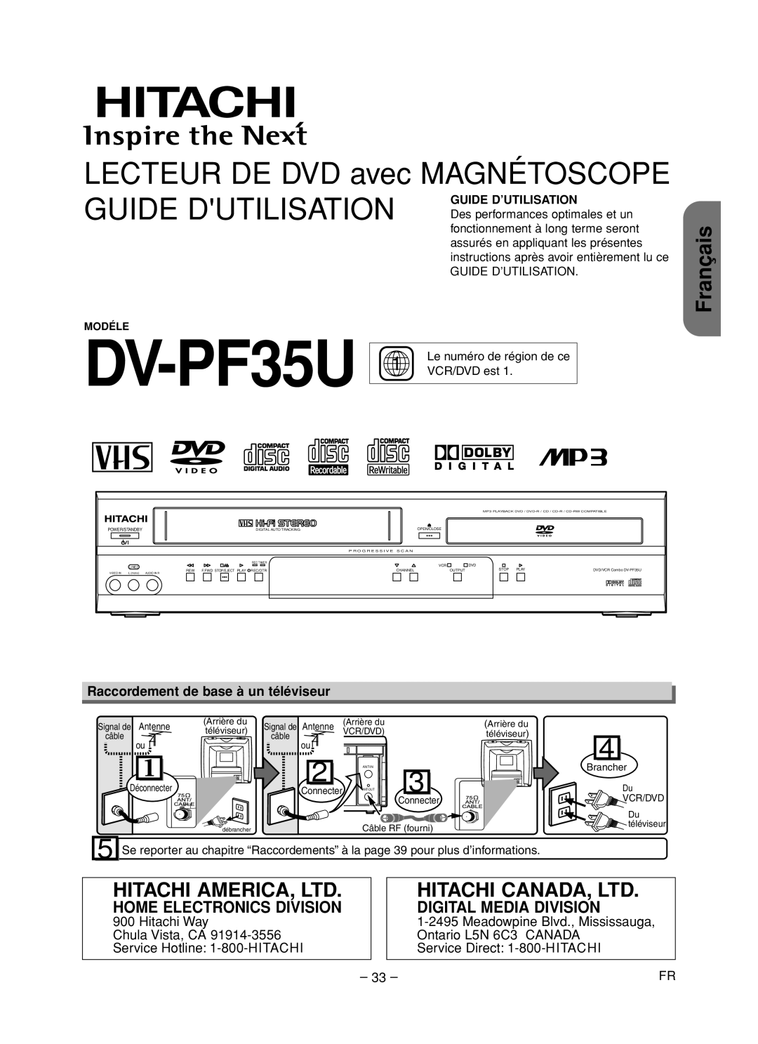 Hitachi DV-PF35USTOP Français, Raccordement de base à un téléviseur, VCR/DVD est, Modéle, Le numéro de région de ce 