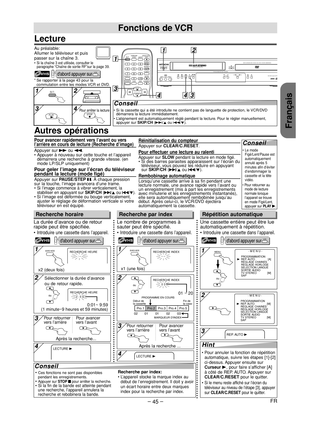 Hitachi DV-PF35USTOP Fonctions de VCR Lecture, Français Autres opérations, Recherche horaire, Recherche par index 