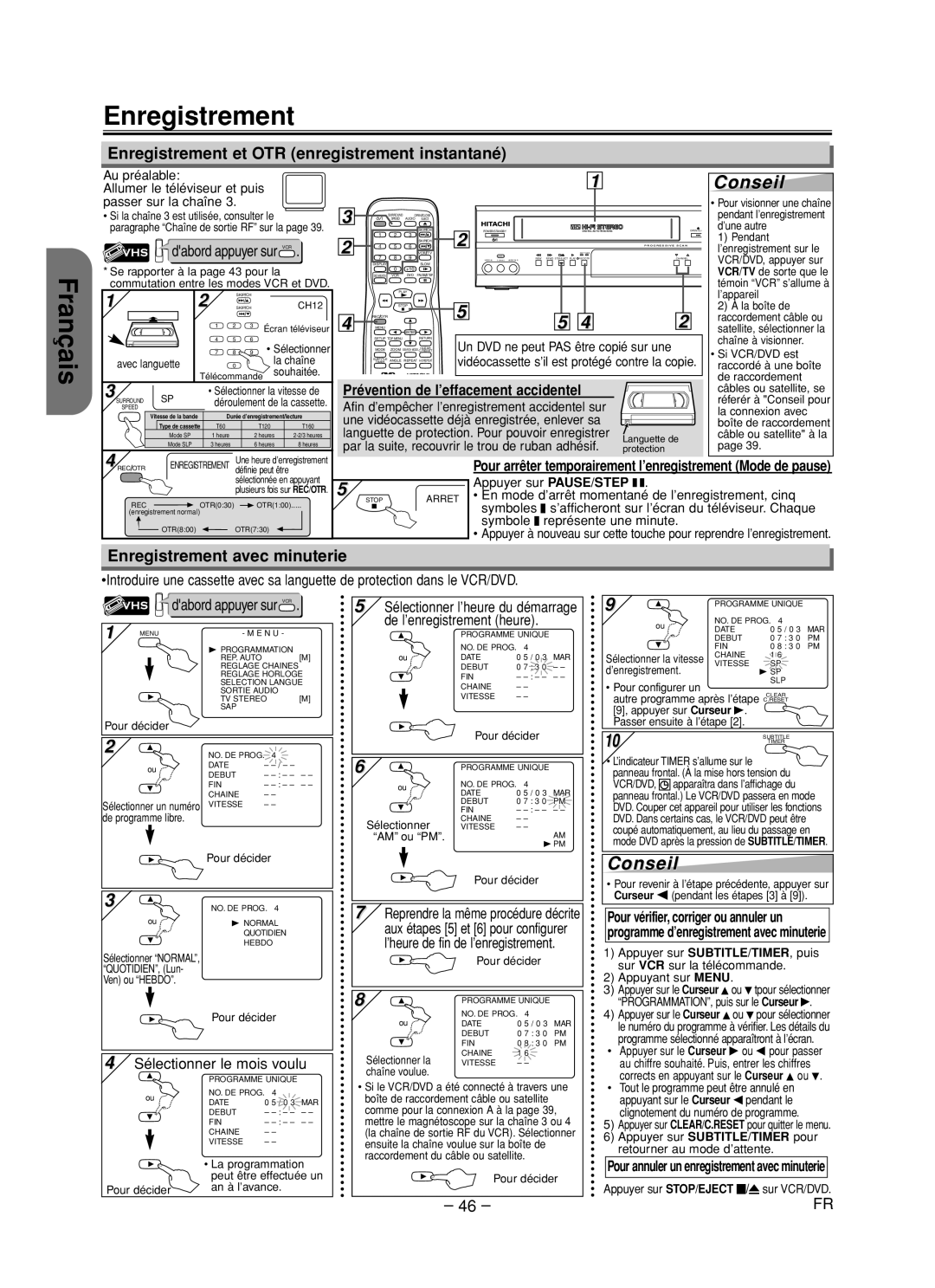 Hitachi DV-PF35USTOP Français Enregistrement, Enregistrement et OTR enregistrement instantané, Sélectionner le mois voulu 