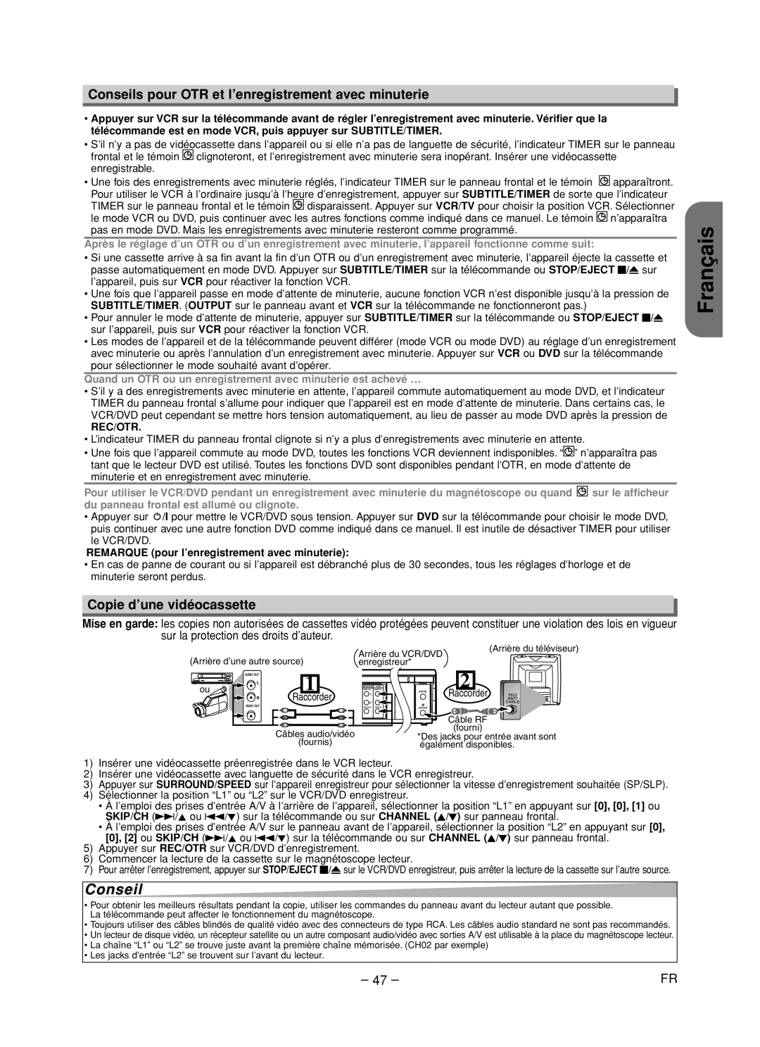 Hitachi DV-PF35USTOP Conseils pour OTR et l’enregistrement avec minuterie, Copie d’une vidéocassette, Rec/Otr 