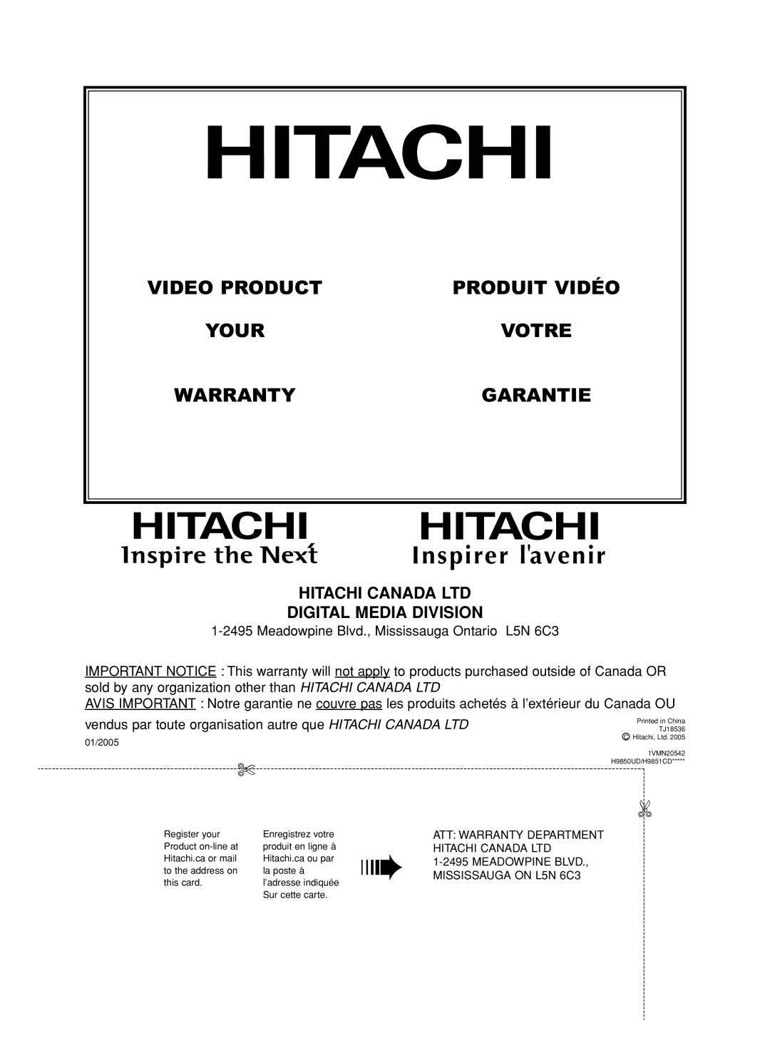 Hitachi DV-PF35USTOP 01/2005, Produit en ligne à Hitachi.ca ou par, La poste à, ’adresse indiquée, Sur cette carte 