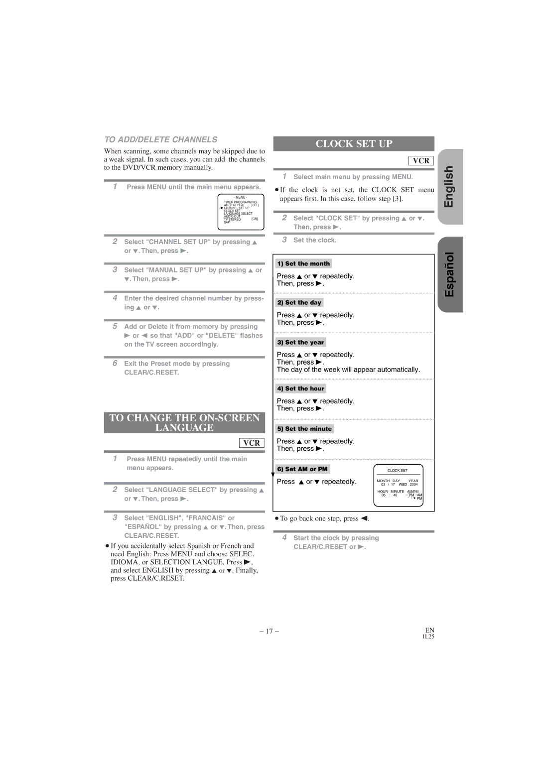 Hitachi DV PF74U instruction manual Clock SET UP, To Change the ON-SCREEN Language, To ADD/DELETE Channels 