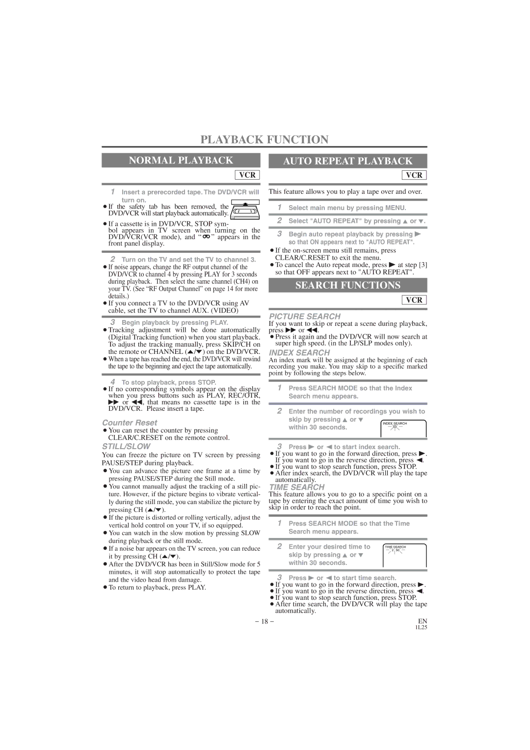 Hitachi DV PF74U instruction manual Playback Function, Normal Playback, Auto Repeat Playback, Search Functions 