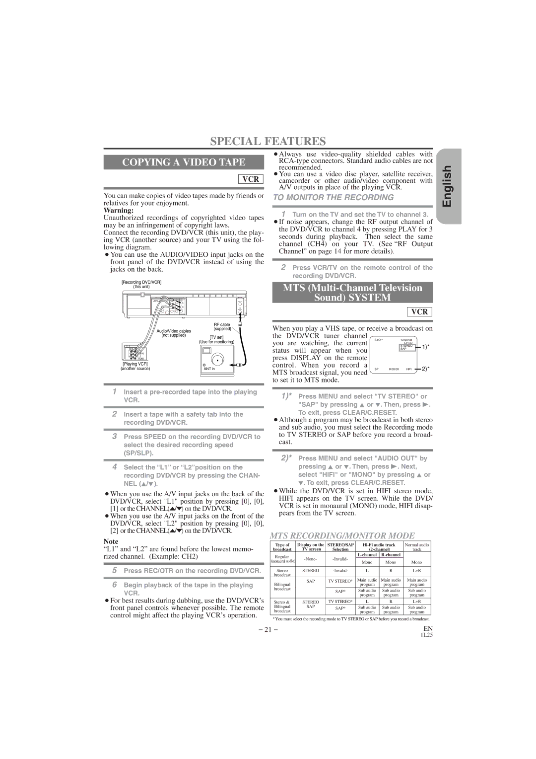 Hitachi DV PF74U instruction manual Special Features, Copying a Video Tape, To Monitor the Recording 