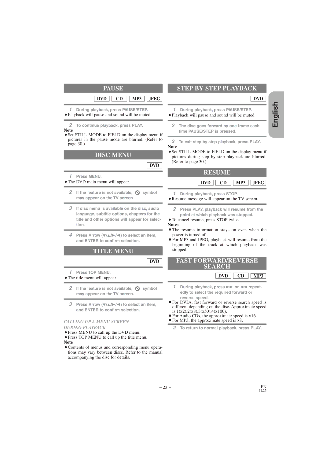 Hitachi DV PF74U Pause, Disc Menu, Title Menu, Step by Step Playback, Resume, Fast FORWARD/REVERSE Search 