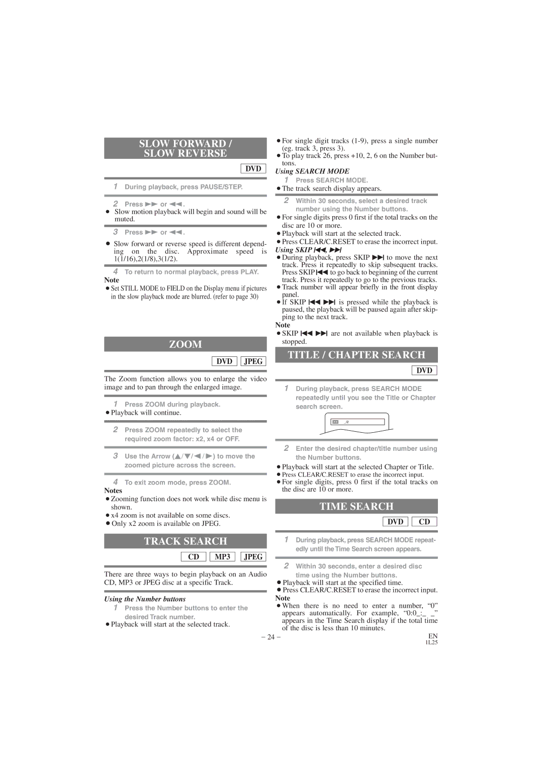 Hitachi DV PF74U instruction manual Slow Forward Slow Reverse, Zoom, Track Search, Title / Chapter Search, Time Search 