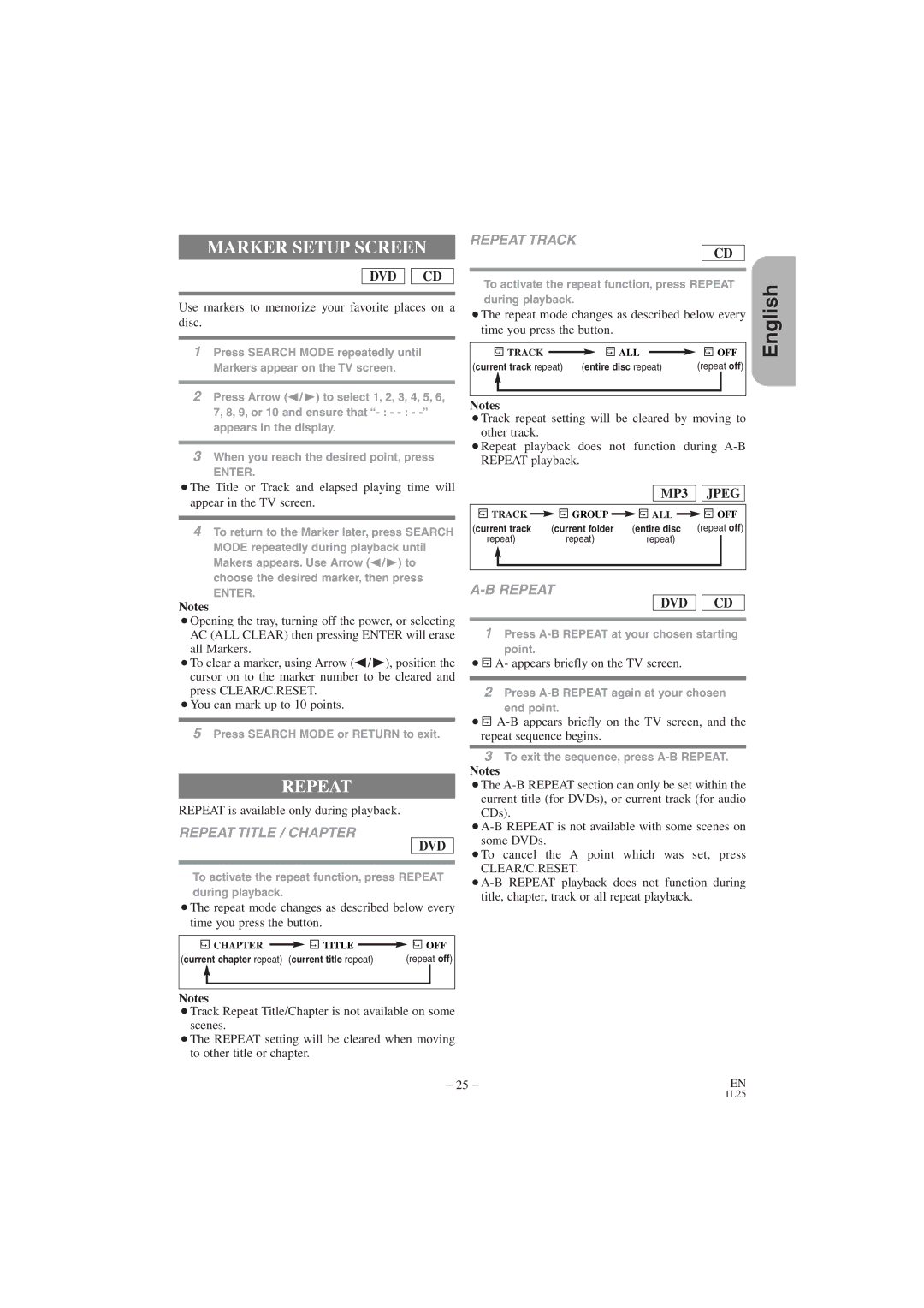 Hitachi DV PF74U instruction manual Marker Setup Screen, Repeat Title / Chapter, Repeat Track 