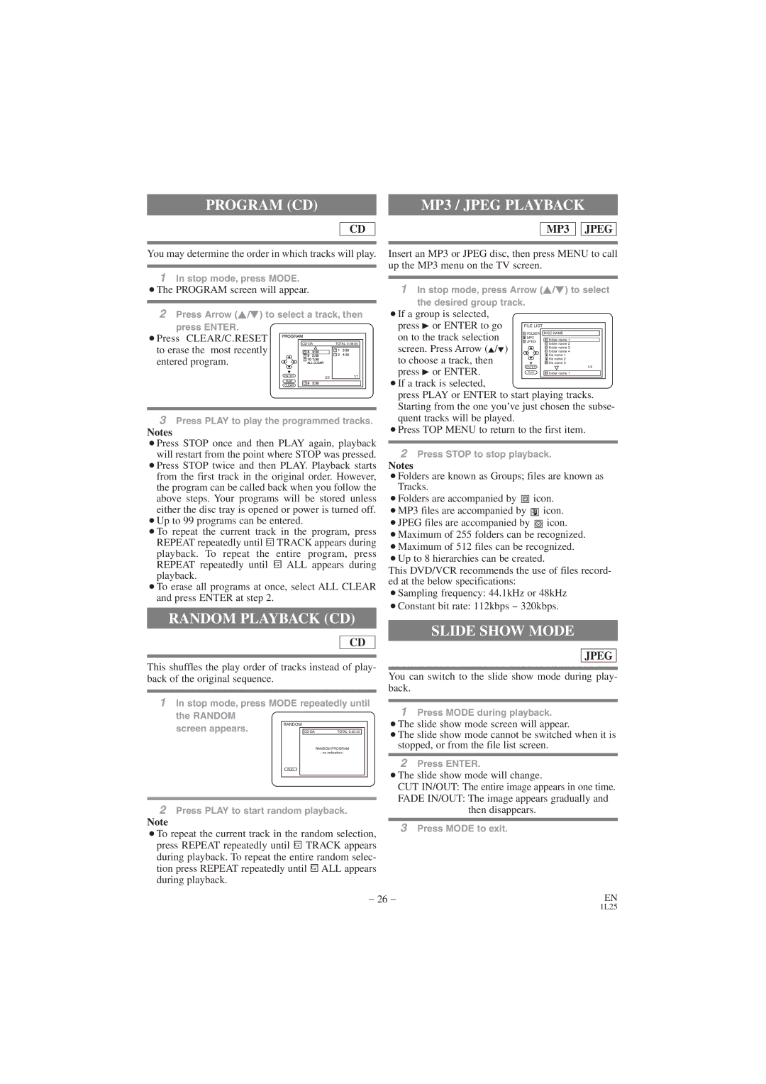 Hitachi DV PF74U instruction manual Program CD, Random Playback CD, Slide Show Mode 