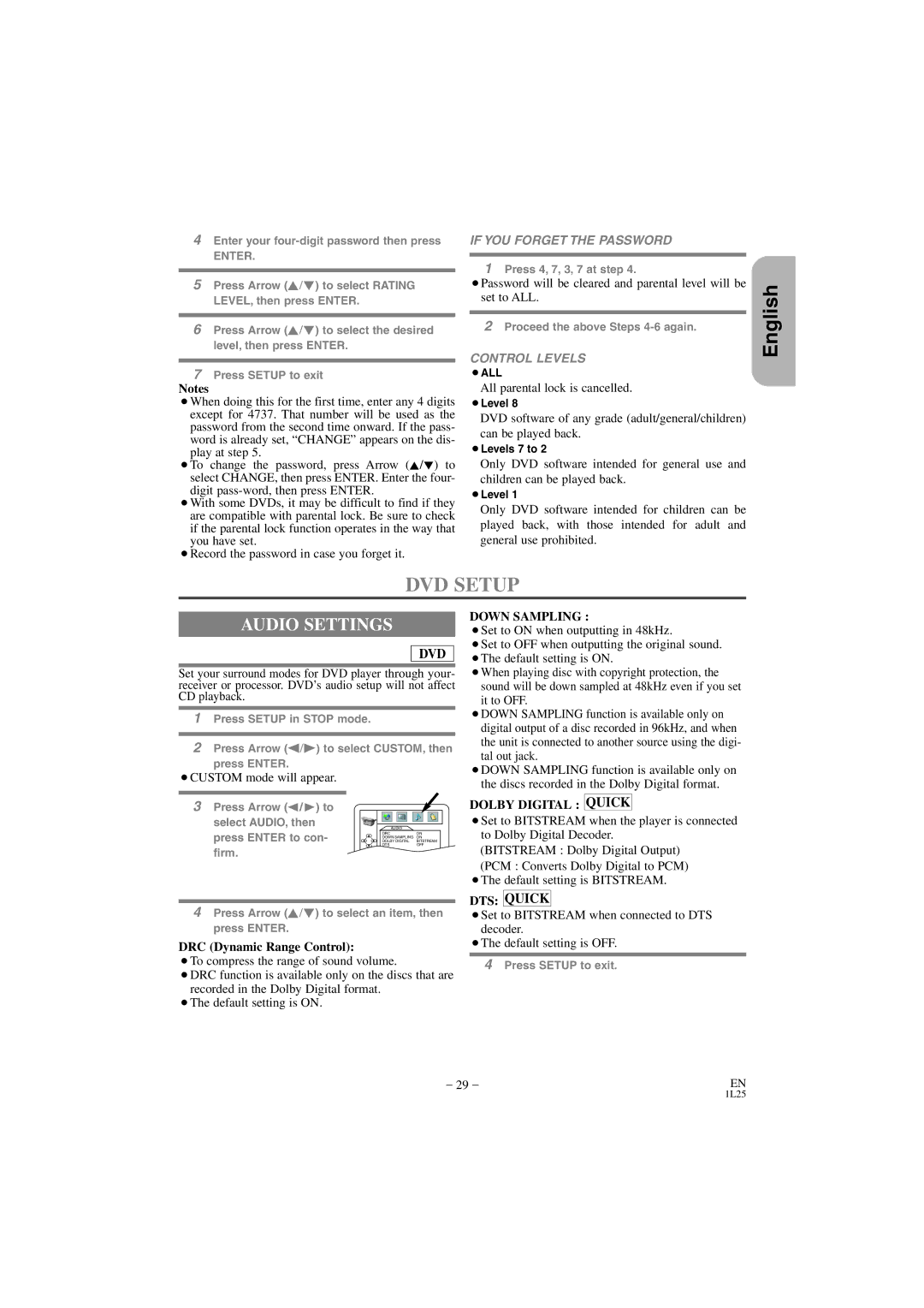 Hitachi DV PF74U instruction manual DVD Setup, Audio Settings, All parental lock is cancelled, ¡CUSTOM mode will appear 