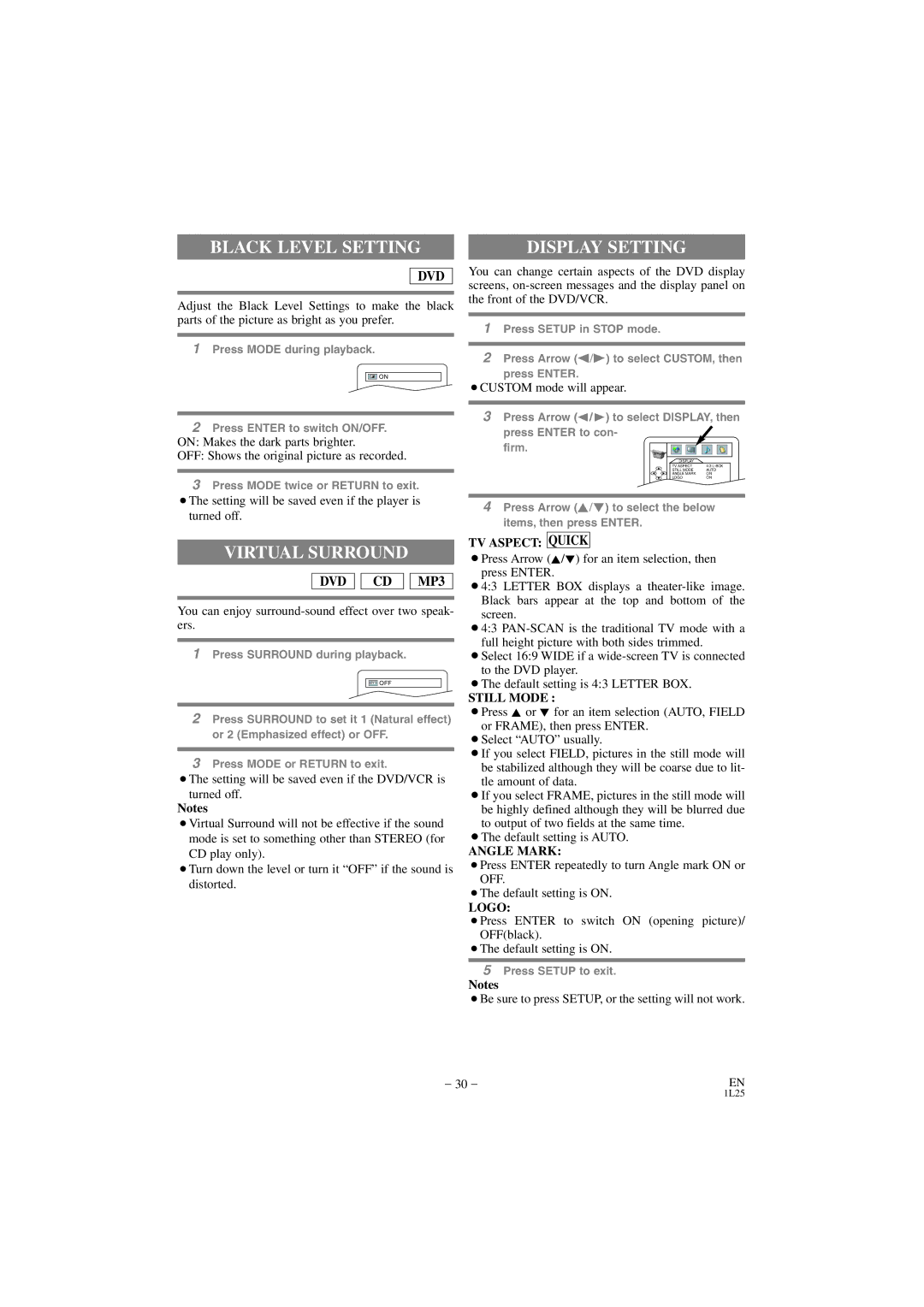 Hitachi DV PF74U instruction manual Black Level Setting, Virtual Surround, Display Setting 