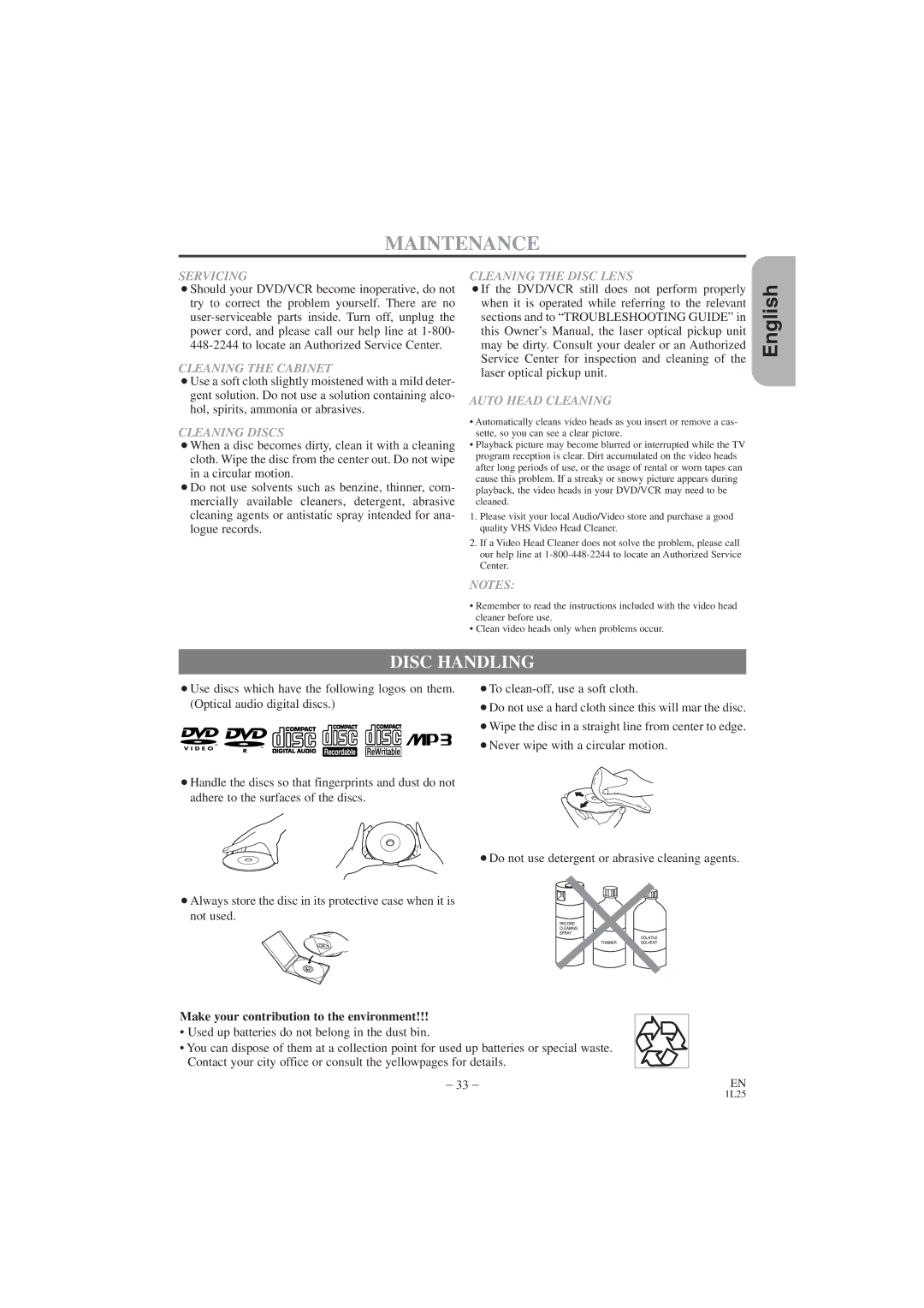 Hitachi DV PF74U instruction manual Maintenance, Disc Handling 