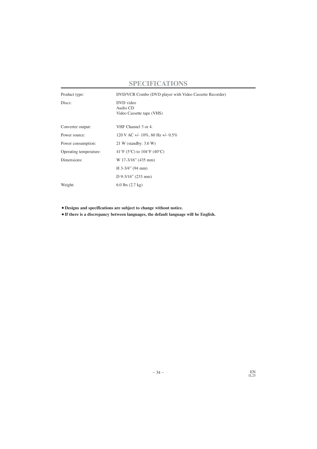 Hitachi DV PF74U instruction manual Specifications 