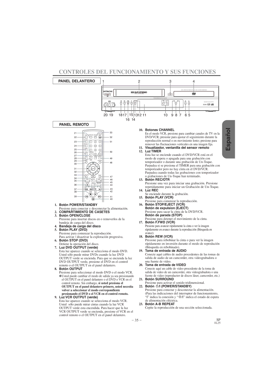 Hitachi DV PF74U instruction manual Controles DEL Funcionamiento Y SUS Funciones 