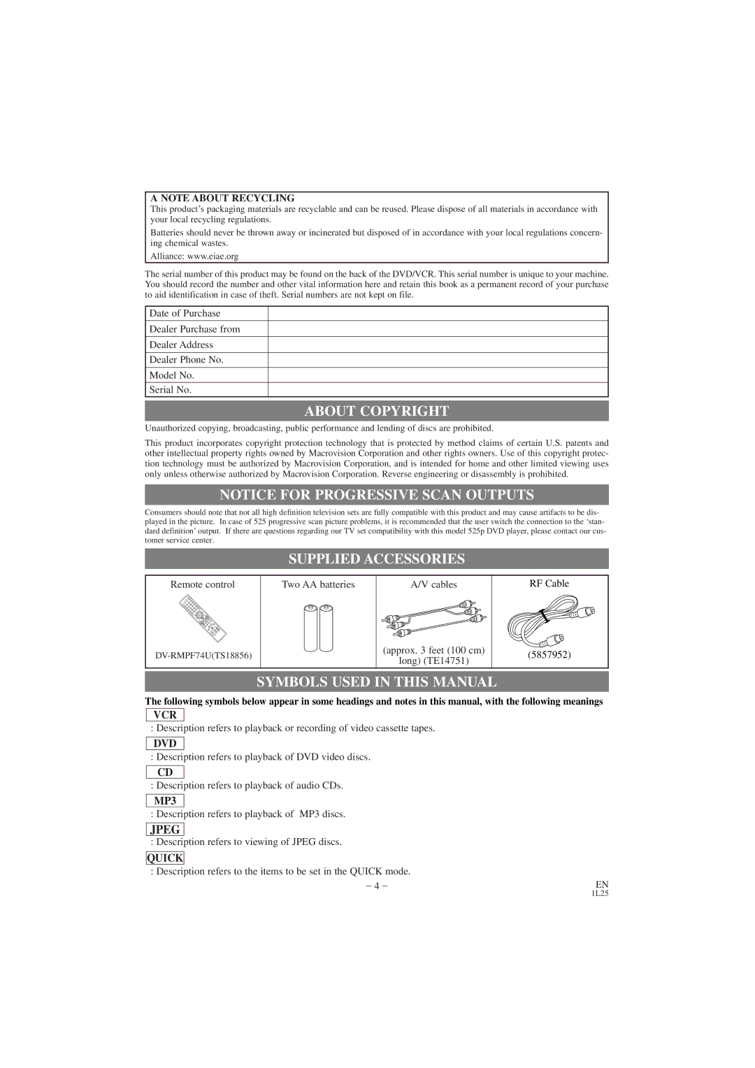 Hitachi DV PF74U instruction manual About Copyright, Supplied Accessories, Symbols Used in this Manual 