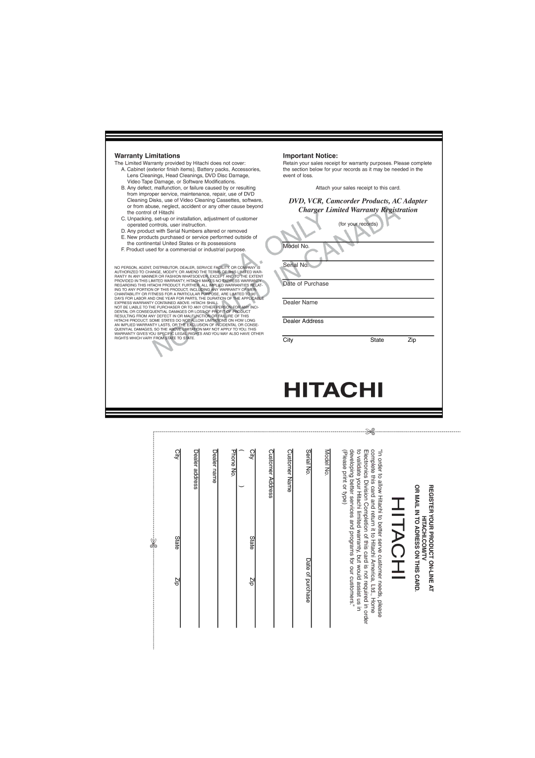 Hitachi DV PF74U Warranty Limitations Important Notice, Limited Warranty provided by Hitachi does not cover 