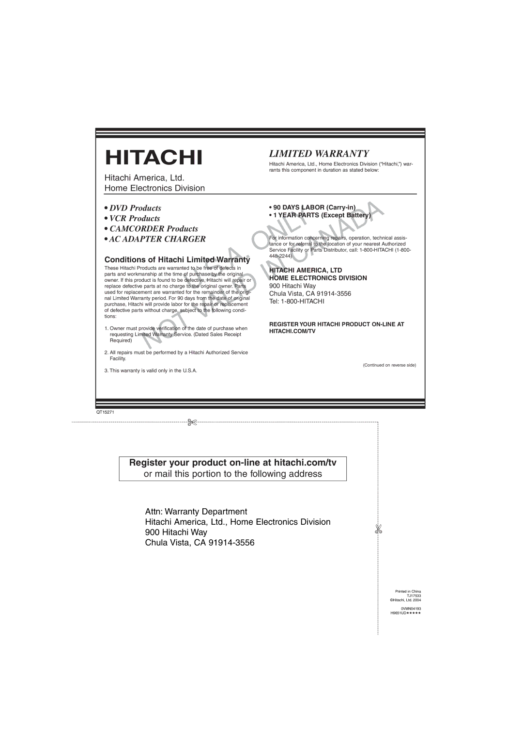 Hitachi DV PF74U instruction manual Days Labor Carry-in, Year Parts Except Battery 