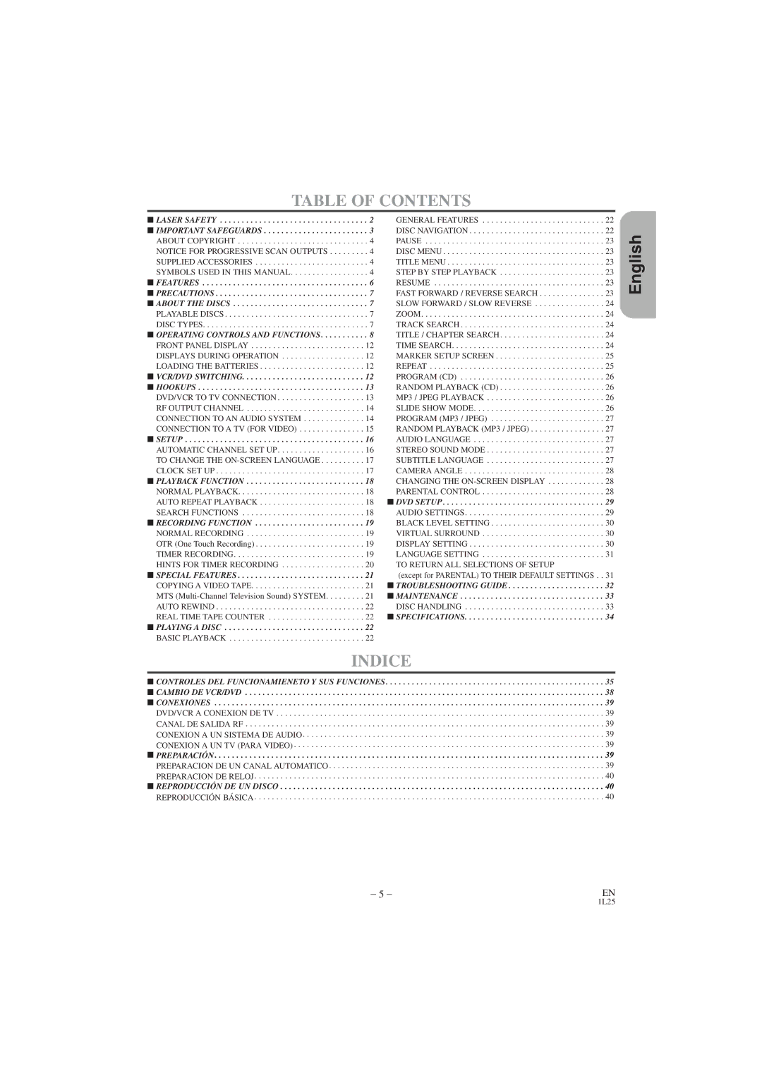 Hitachi DV PF74U instruction manual Table of Contents, Indice 