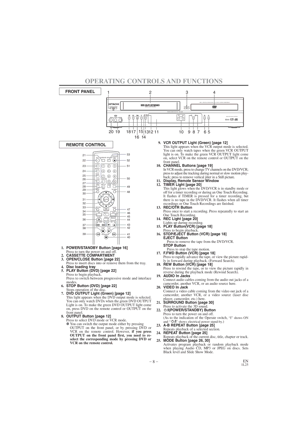 Hitachi DV PF74U instruction manual Operating Controls and Functions 