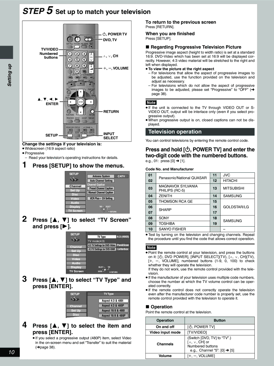 Hitachi DV-RX5000U manual Set up to match your television, Television operation, Press 3, 4 to select TV Screen and press 