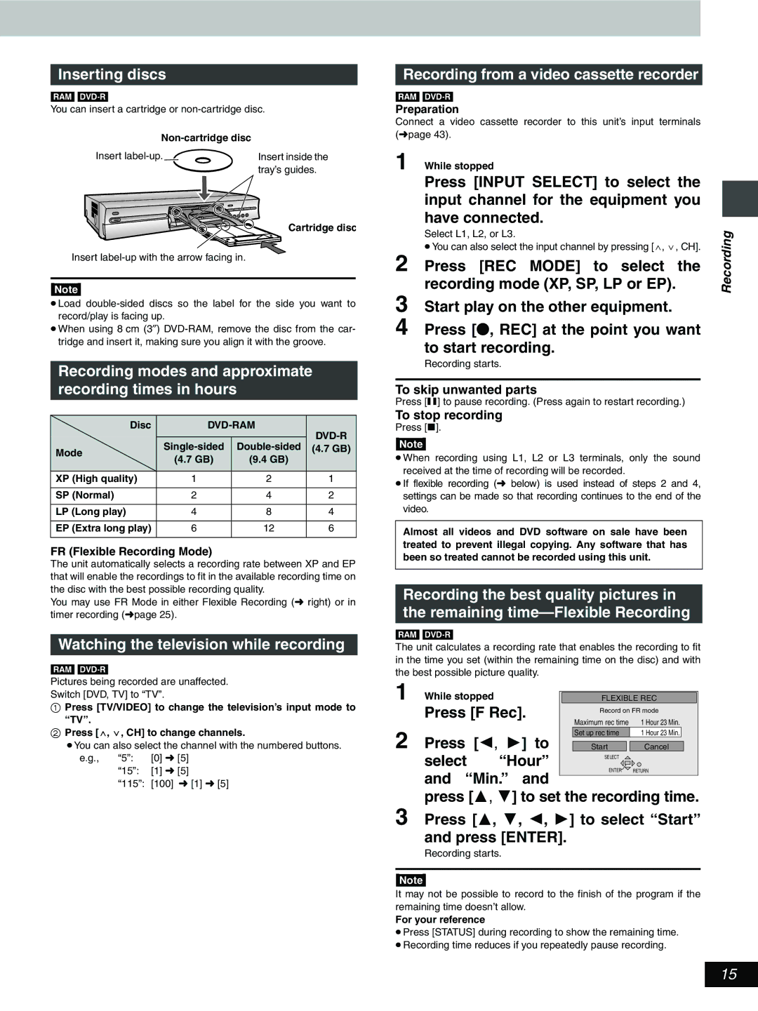 Hitachi DV-RX5000U manual Inserting discs, Recording modes and approximate recording times in hours 