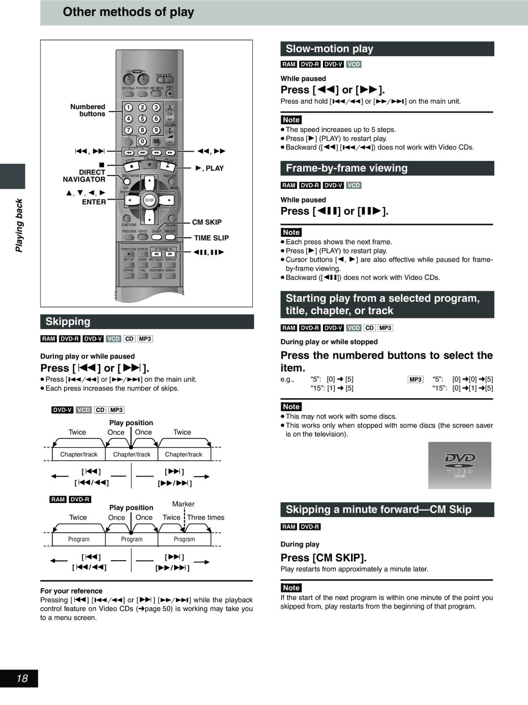 Hitachi DV-RX5000U manual Other methods of play, Skipping, Slow-motion play, Frame-by-frame viewing 